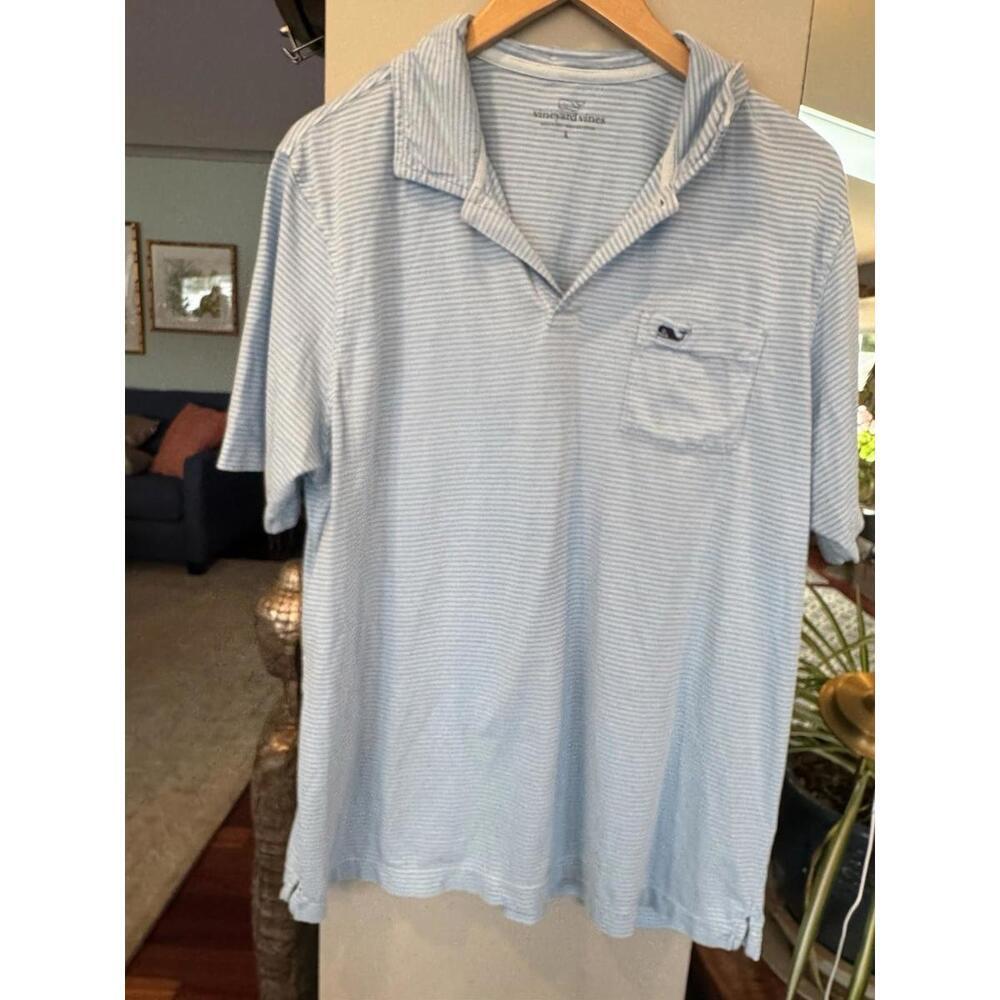 Vineyard Vines Men’s Polo Blue Striped Size L Whale Logo Pima Cotton